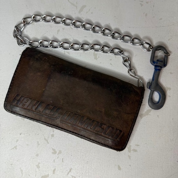 Vintage Harley Davidson Embossed Brown Bifold Leather Long Wallet With Chain - Picture 1 of 8